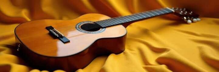 Fototapeta premium Sheer brown guitar rests on a plush gold surface; musical still life , texture, still life