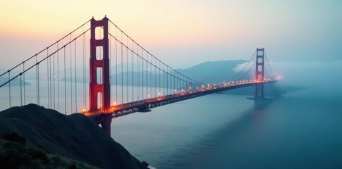 Obraz premium Modern suspension bridge, dense fog obscures distant hills, white, transport, cityscape