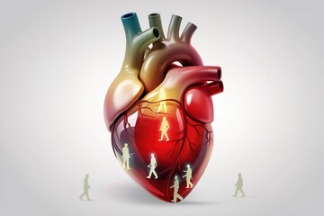 Human Heart with Walking Figures Concept of Cardiovascular Health