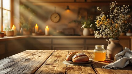 A rustic wooden table set for breakfast with bread, jam, honey, and flowers in a vase.