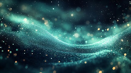 Abstract Teal and Gold Particle Wave, Abstract teal and gold particles forming a wave-like pattern on a dark background