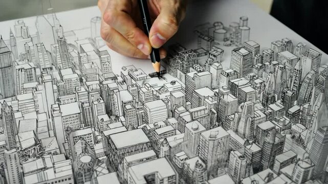 Artistic hand draws city skyline on paper with graphite pencil, architectural urban cityscape illustration in progress, black and white drawing style.