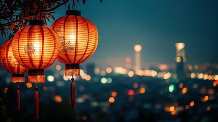 Illuminated lanterns at twilight over city