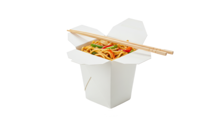 A white takeout box filled with noodles and vegetables and chopsticks resting on the top of the box