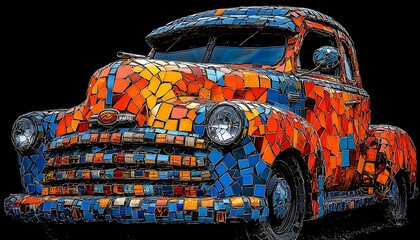 Vibrant mosaic art adorns a vintage car.