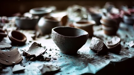 A dimly lit workspace covered with unfinished clay pottery, embodying creativity and the artistry of handmade crafts.