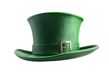 A vibrant green leprechaun hat, ready for St. Patrick's Day festivities, sits against a clean white background, showcasing its rich texture and golden buckle.