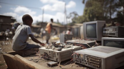 Young boys engage with discarded electronics at an open-air dump, showcasing creativity amid the challenges of e-waste recycling.
