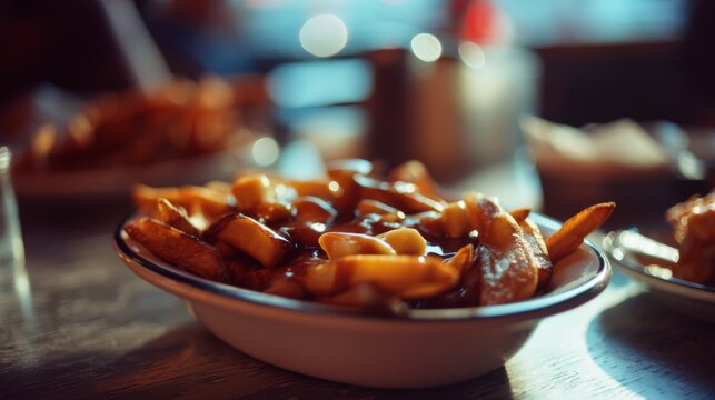 A close-up shot of flavorsome fries covered in rich gravy, evoking a tantalizing culinary delight and inviting warmth of a shared meal setting.