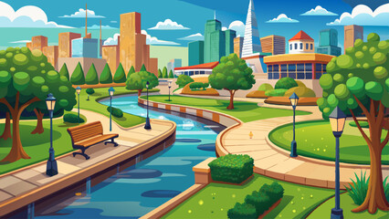 A scenic urban park stretches along the riverbank, with paved walkways and green lawns