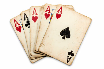 Aces Hand in Vintage: A captivating shot of a winning hand of five Aces from a vintage deck, showcasing the iconic playing cards in a display of classic elegance and strategic potential. 