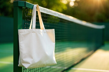 Blank Tote Bag Hanging on Tennis Court Fence Outdoors