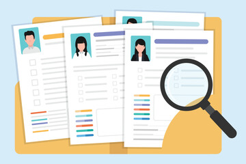 Multiple resume sheet paper move out of file folder, Searching on a many CV resume paper sheet by a magnifying glass.