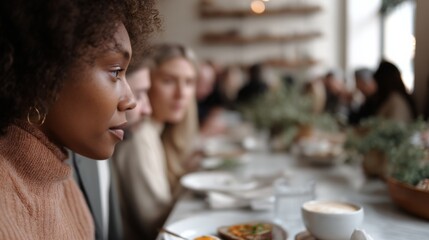 Diverse group enjoying a cozy cafe gathering, with a focus on attentive conversation and connection.