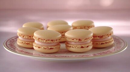 Obraz premium Light peach-colored macarons, filled with a delicate pink cream, arranged on a decorative plate