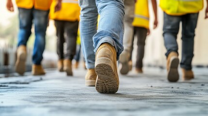 Construction workers walking together on a concrete surface