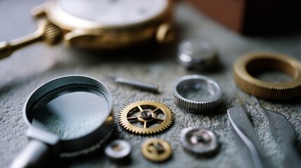 Intricate watch components are spread over a surface, highlighting the precision and craft of time and mechanism.