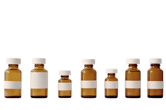 A row of amber apothecary bottles, each with a blank white label, ready to be filled with custom remedies or potions, sits against a clean white background.