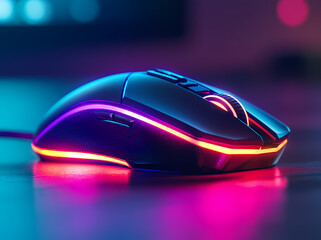 Gaming Mouse with RGB Lighting: A sleek, black gaming mouse with vibrant RGB lighting illuminates a dark surface, reflecting the futuristic aesthetic of modern gaming technology.
