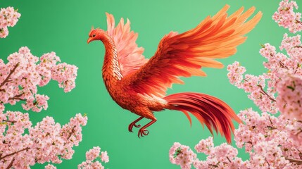 Naklejka premium Fiery phoenix soars amidst spring blossoms.
