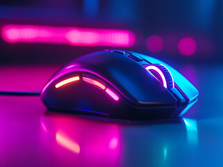 Gaming Mouse in Neon Light: A close-up shot of a sleek, ergonomic gaming mouse with vibrant RGB lighting, reflecting on a glossy surface under dramatic neon lighting.