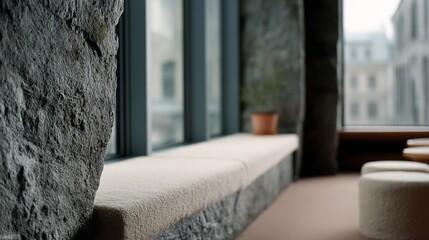 Natural stone and soft seating at a window enclave create a peaceful, intimate space for reflection.