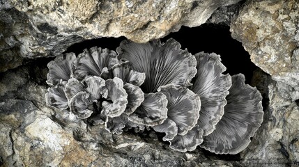 Obraz premium Grey fungi cluster in a rock crevice.
