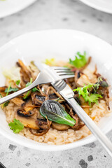  A hearty bowl of risotto topped with sautéed mushrooms and fresh greens, elegantly presented. A fork and knife rest on the dish, highlighting the inviting dining experience.