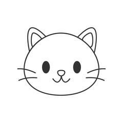 Outline vector illustration of a cute cat face with whiskers and big eyes. Hand drawn style black line art of feline head. Simple cartoon pet design for kids and animal themes. 