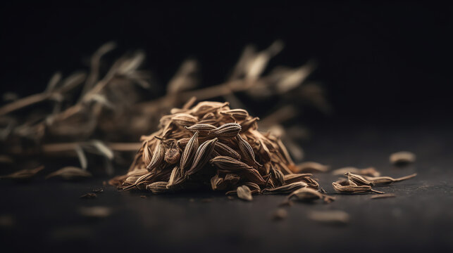 Aromatic cumin seeds beautifully scattered on a dark surface showcasing their rich texture and earthy tones Ideal for culinary and food photography projects.