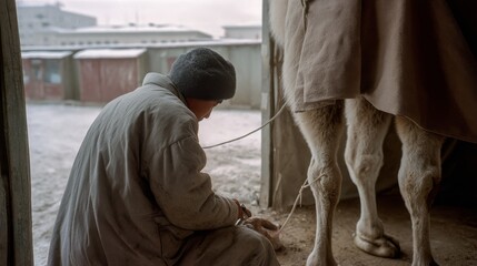 A person in a warm coat and beanie kneels beside a camel, affectionately tending to the animal in a rustic, cold stable setting.