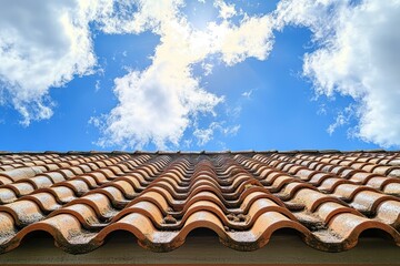 Terracotta roof tiles against a bright blue sky with white, fluffy clouds. Perfect for architecture, home improvement, or sunny weather projects.