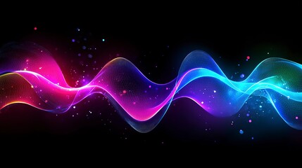 Flowing neon patterns create a vibrant and futuristic atmosphere against a dark background