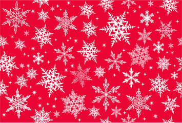 Abstract Christmas background with white snowflakes different shapes on red. Winter snow. Overlay, banner, seamless pattern, template for holiday Merry Xmas, New Year post cards.  Vector illustration.