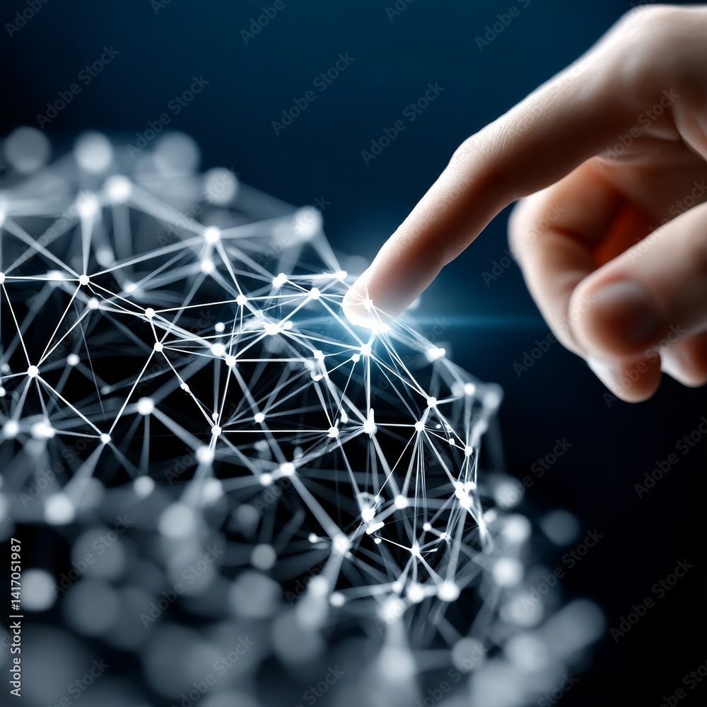 Aufkleber Connecting the Dots: Finger Interacting with a Luminous Network, Digital World, and Cutting-Edge Technology
