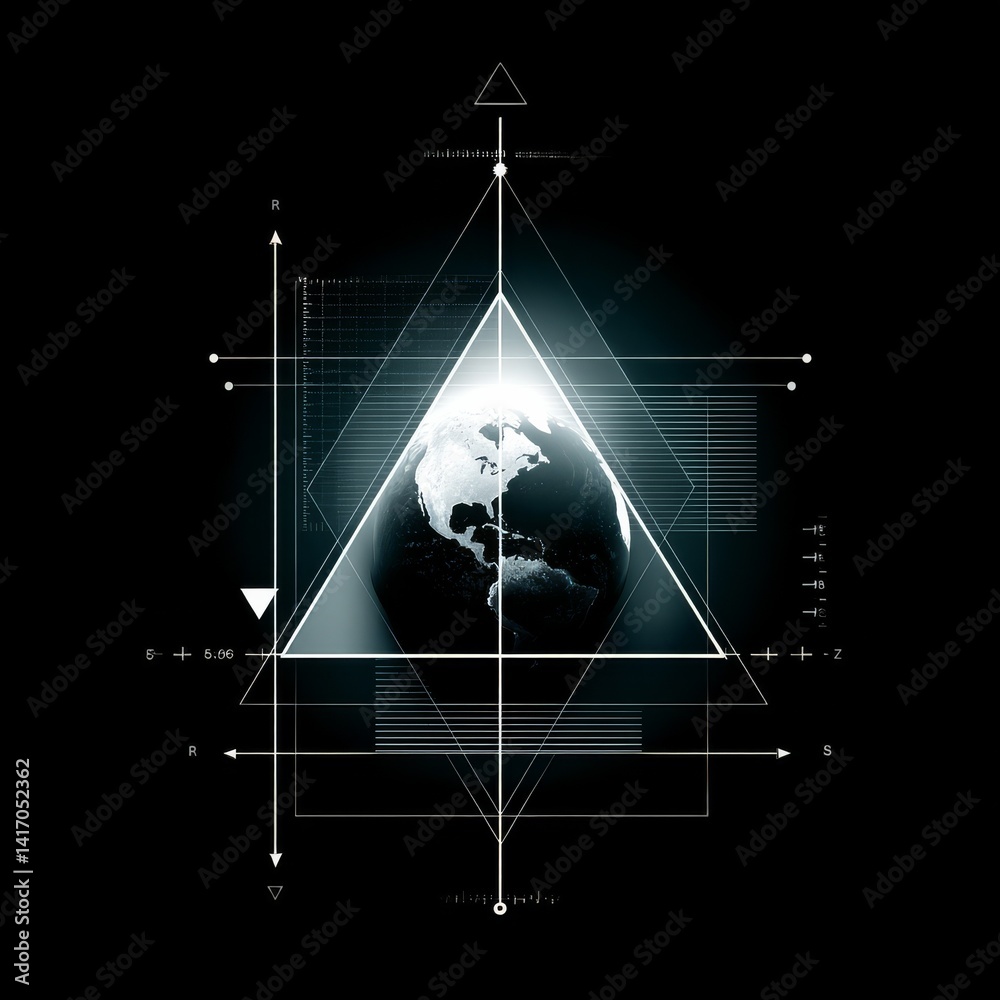 Poster earthly blueprint: a modern abstract design featuring the globe encased in geometric lines and futur