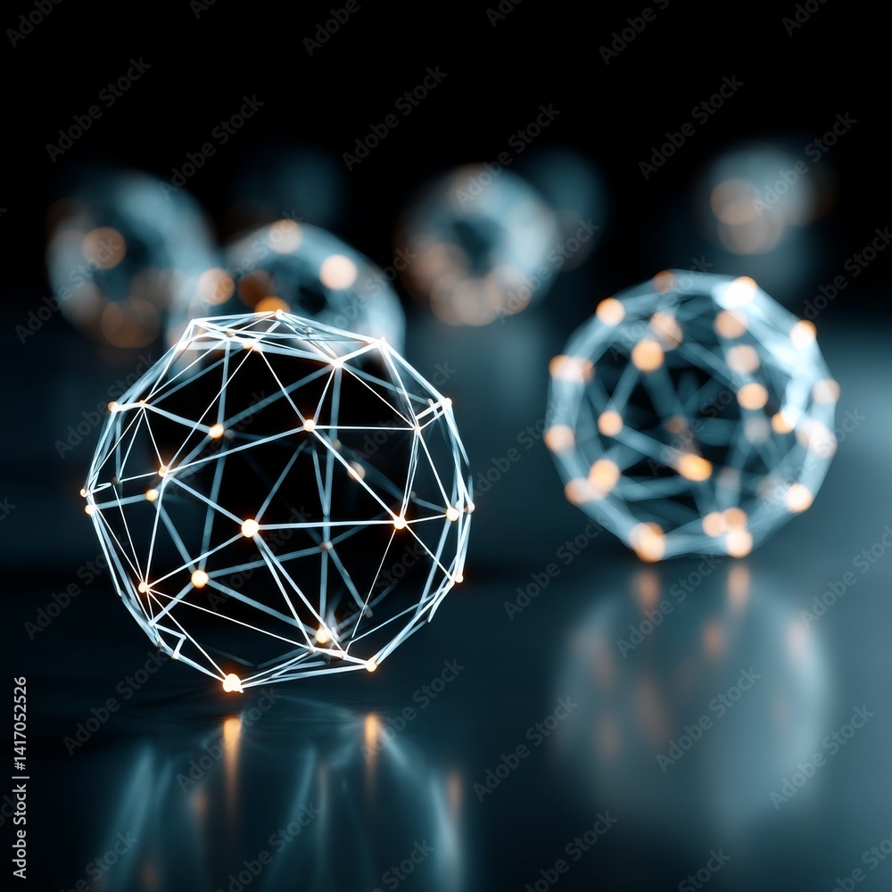Aufkleber Geometric Spheres: Abstract Network of Light and Lines with Reflections on a Dark Surface