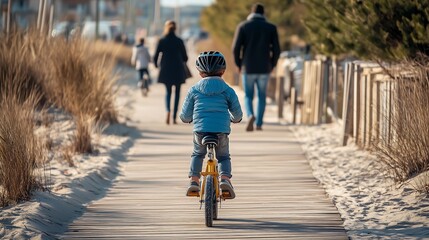 Obraz premium A young boy rides a bicycle along a sandy path, surrounded by families enjoying a sunny day at the beach.