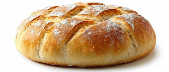 Baked round artisan bread loaf with golden crust on white backdrop