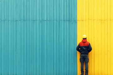 Construction worker stands against a blue and yellow wall