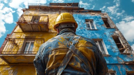 Construction worker faces a dilapidated building needing restoration work