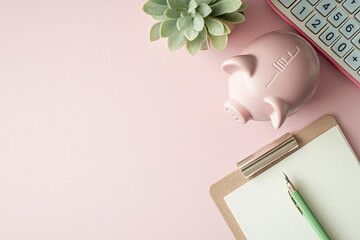 Pink Workspace with Piggy Bank, Calculator & Notebook