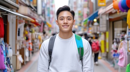 Fototapeta premium Smiling young man in a vibrant Asian street market