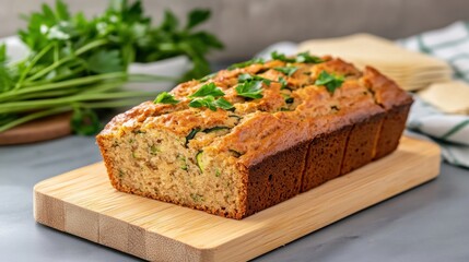 Closeup of moist zucchini bread on wooden board, natural lighting, wholesome dessert idea