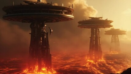 A group of three tall buildings surrounded by a lava field. Smooth repeating motion for background video animation. - Powered by Adobe