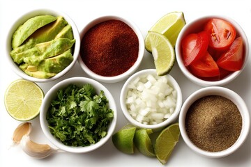 Overhead shot of fresh ingredients for Mexican cooking in white bowls: avocado slices, chili powder, chopped tomato, lime wedges, chopped cilantro and onion.
