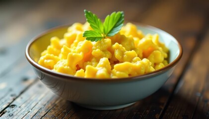 Air light scrambled eggs, gently piled in a simple bowl , brunch, dietary