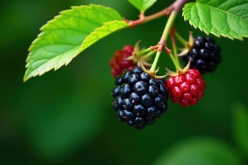 Deep green bramble, ripe blackberries clustered , texture, photo