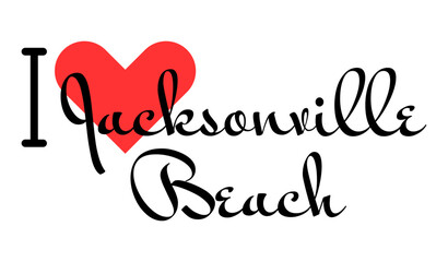 I love Jacksonville Beach, city of United States. Hand drawn letters with red heart. Vector illustration lettering, modern design