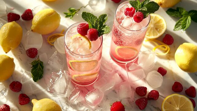 Two tall glasses of raspberry lemonade surrounded by fresh lemons and mint leaves create a vibrant, refreshing display